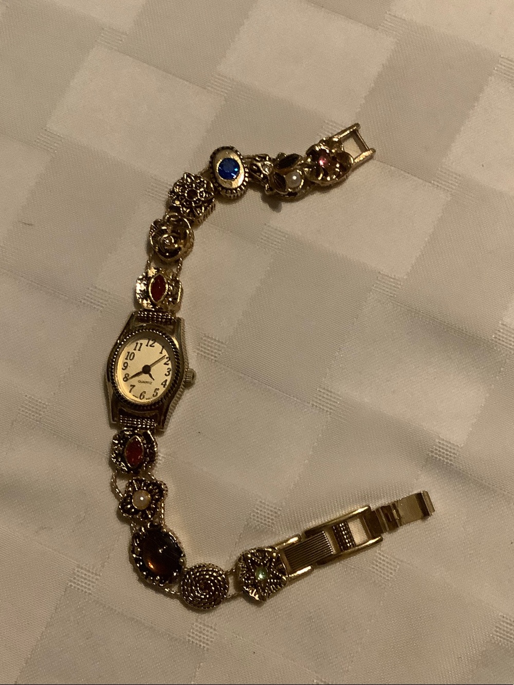 Avon Gold-Tone Bracelet Watch with Multicolored Gem Accents